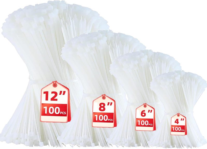 WLEAD Zip Ties, Zip Ties Assorted Sizes(4”+6”+8”+12”), 400 Pack Cable Wire Ties With Self-Locking Adjustable More Durable Nylon UV Resistant Wire Ties for Indoor Outdoor White - Image 1